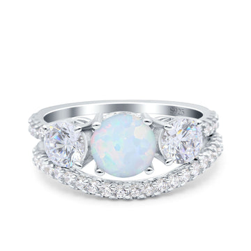 Three Stone Art Deco Wedding Piece Ring Round Lab Created White Opal 925 Sterling Silver